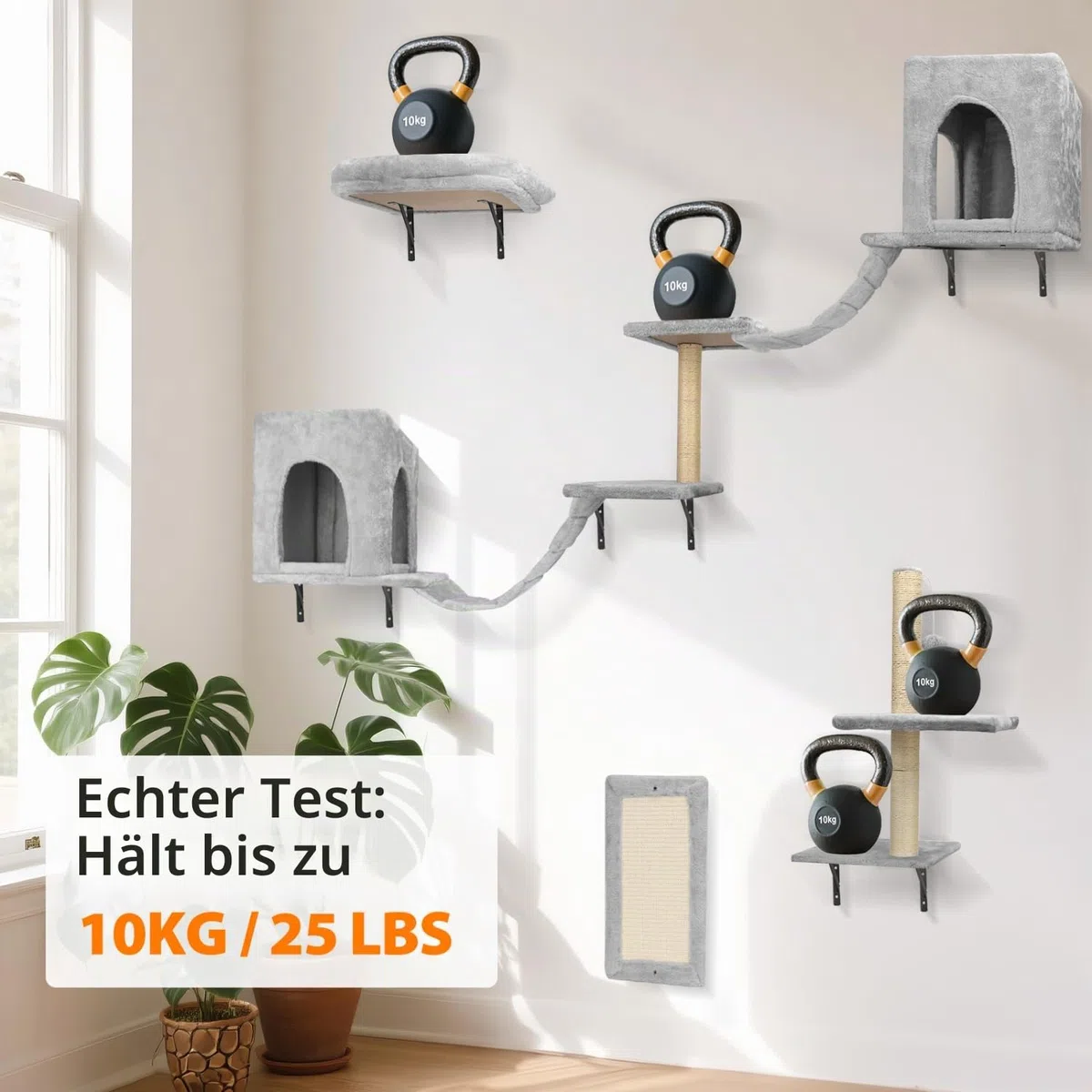 Nobleza Kletterwand Katzen 6 Set, 2 Katzenhäuser mit stabilen Kratzsäulen, Hängebrücke & festem Kratzbrett - Stabiles Katzen wandelemente für Schlafen, Spielen, Lounging bis 10 kg