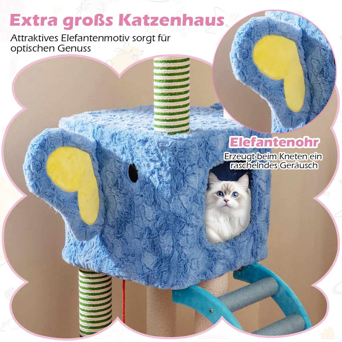 COSTWAY Kratzbaum 154 cm, Katzenbaum Elefanten-Form, Katzenkratzbaum mit 2 Höhlen, Liege, Kratzpfosten, Leiter & Ball, Katzen Katzenmöbel, Kletterbaum Aktivitätsbaum, Bunt