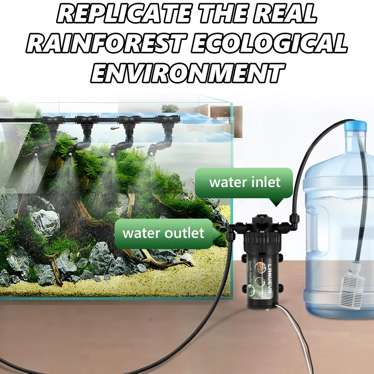 LANUEVA Reptilien Luftbefeuchter, leiser Mister Fogger für Terrarium mit 4 Einzelnebeldüse + 2 Doppelnebeldüse, Automatisches Sprühsystem für Chamäleon, Eidechse, Schlange, Frosch (Pump ohne Timer)