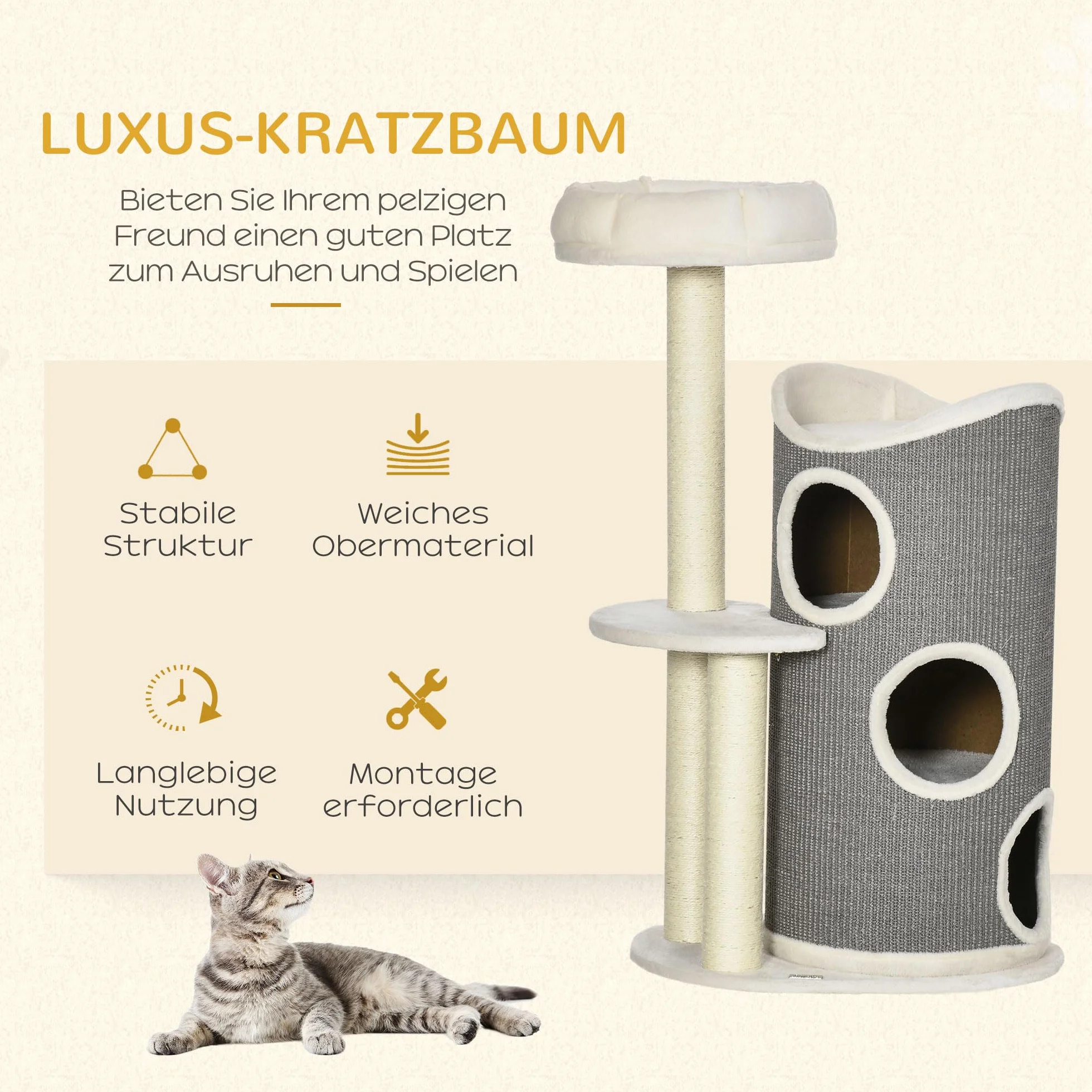PawHut Kratzbaum 109 cm mit Kratztonne für Katzen unter 5 kg Weiß+Grau | Katzenbett, Sisalstämme, Mehrstöckiger Katzenkratzbaum, Kletterbaum