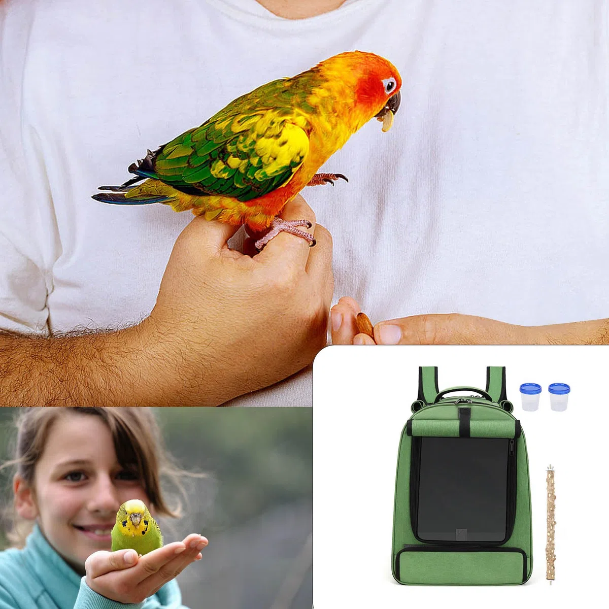 Ergonomischer Vogeltransport Rucksack für kleine Aras mit belüftetem Plan, Abnehmbarer Futterschale, Oben, belüfteter Vogel Rucksack