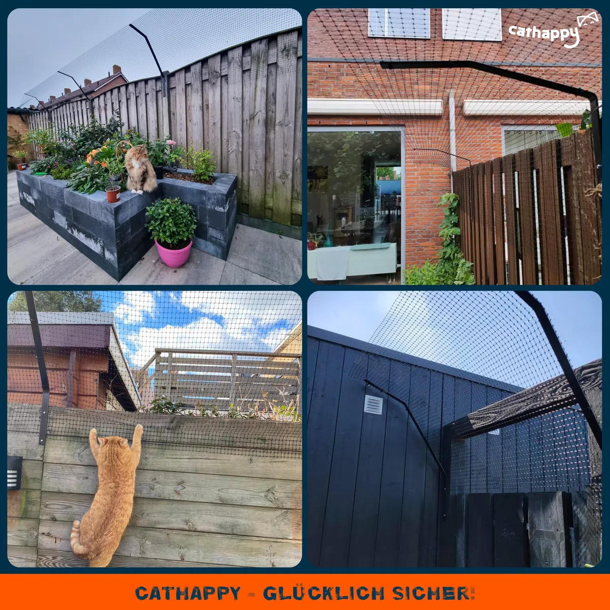 CATHAPPY Katzennetz Schutznetz Set - Überkletterschutz Katze für den Garten - 10 Meter inklusive Montageset - Wetterfestes Katzenschutzgitter Außennetz - Flache Variante