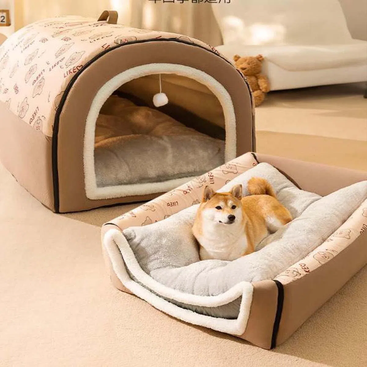 Hundebett, 2-in-1-Hundehütte, große Haustierhöhle, faltbar, beruhigende Hundehütte mit Anti-Angst, weichem, warmem Kissen, abnehmbar, waschbar, Haustier-Iglu-Bett für Hunde und Katzen, rutschfest