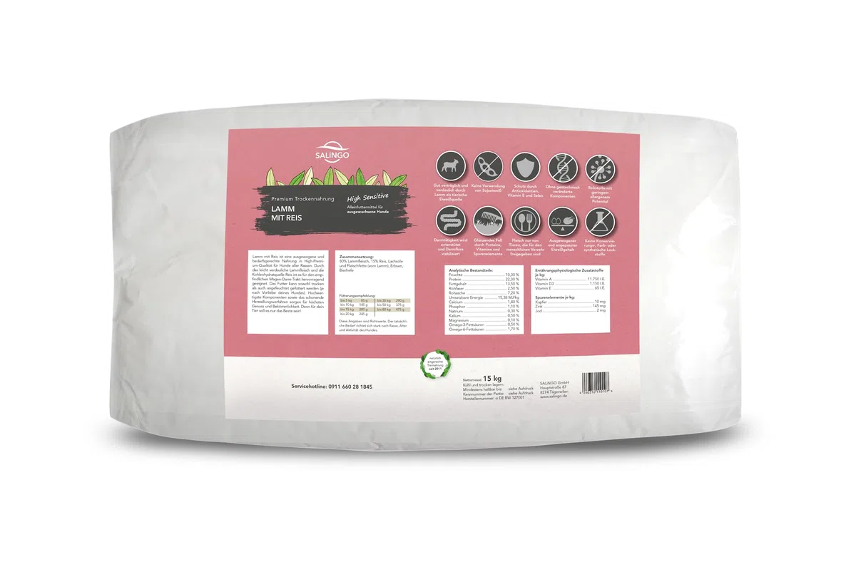 SALiNGO High Sensitive Hundefutter trocken, Trockenfutter Lamm und Reis, zuckerfrei, Single Protein, für Sensible Hunde mit hohem Fleischanteil, 15kg