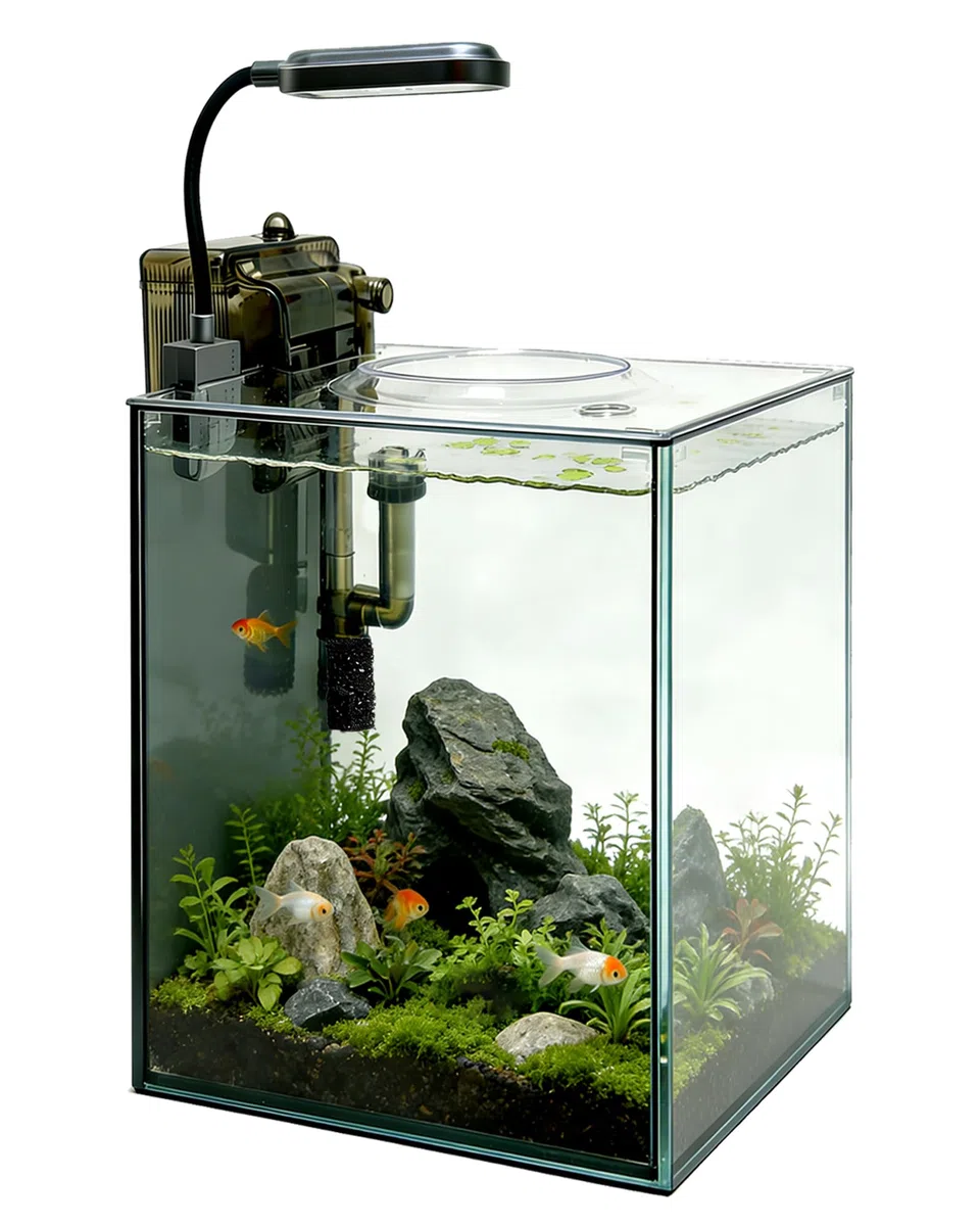 Nano-Aquarium-Set mit Deckel, platzsparender Filter zum Aufhängen und LED-Licht, ultraklares randloses Glas, Desktop-Fischbecken für kleine Fische, Garnelen und Betta, 2,1 Liter