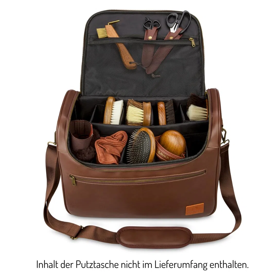 Putztasche für Pferde – veganes Leder, Braun-Gold | Robuste, wasserabweisende Putzbox aus veganem Leder mit flexiblen Trennfächern & Tragegurt
