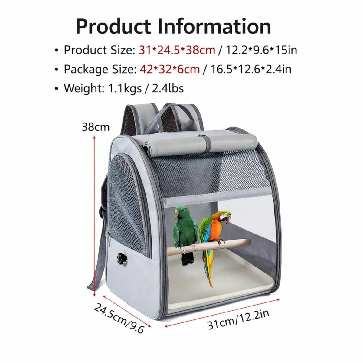Vogel-Rucksackträger, Vogel-Reisekäfig mit Stehstange und herausnehmbarem Tablett, für kleine Vögel Papagei Wellensittich,1,38 * 24 * 31cm