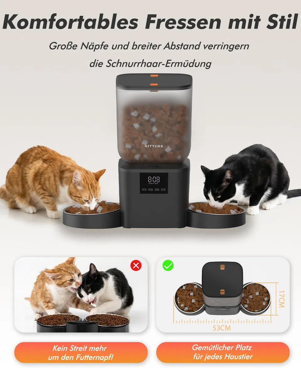 Futterautomat Katze 2 Näpfe für Katzen & Hunde, mit 2 Edelstahlnäpfen | 8L katzenfutterautomat, 2-18mm Trockenfutter, bis zu 50 Portionen 6 Mahlzeiten pro Tag, 10s Sprachaufzeichnung, Frischhaltung