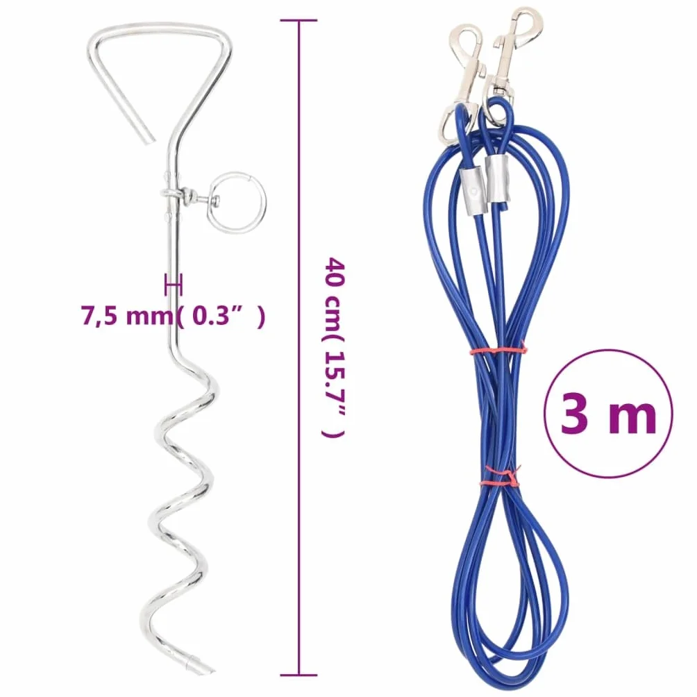 Hundeleine mit Pfahl 3 m, verzinktes Eisen und Stahldraht mit PVC-Beschichtung, blau, für kleine bis mittelgroße Hunde, Garten, Hof, Campingplatz, einfacher Bodenanker mit Karabiner