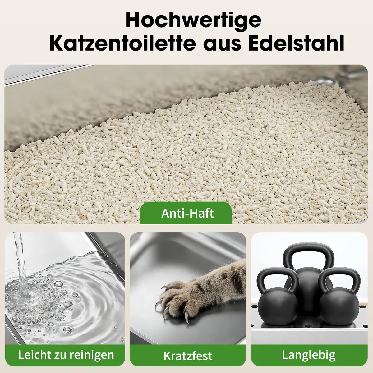 Edelstahl Katzentoilette mit Deckel, XXXL Katzenklo für große Katzen, geschlossene Katzenstreu Box mit Geruchsfilter & Doppeltür, leicht zu reinigen, antihaftbeschichtet, langlebig, Hellgrau