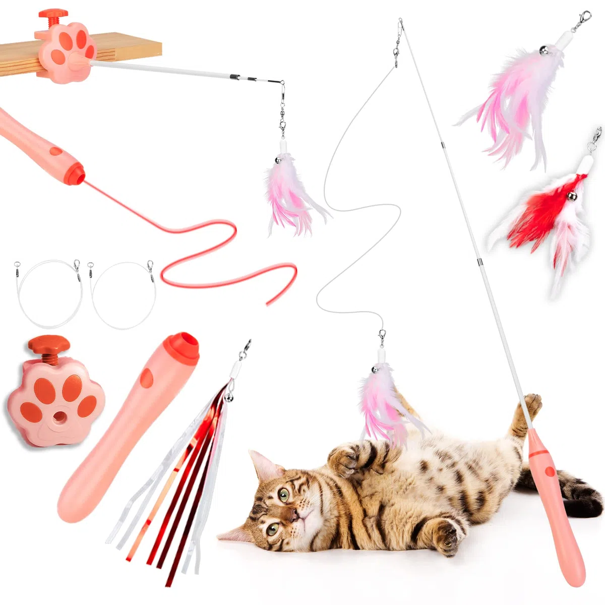 BEBOBLY 3-in-1 einziehbarer Katzenstab, Spielzeug für Indoor-Katzen, interaktives Feder-Katzenspielzeug Teaser Angelrute, 2 echte Federn und langes Band mit Glocken