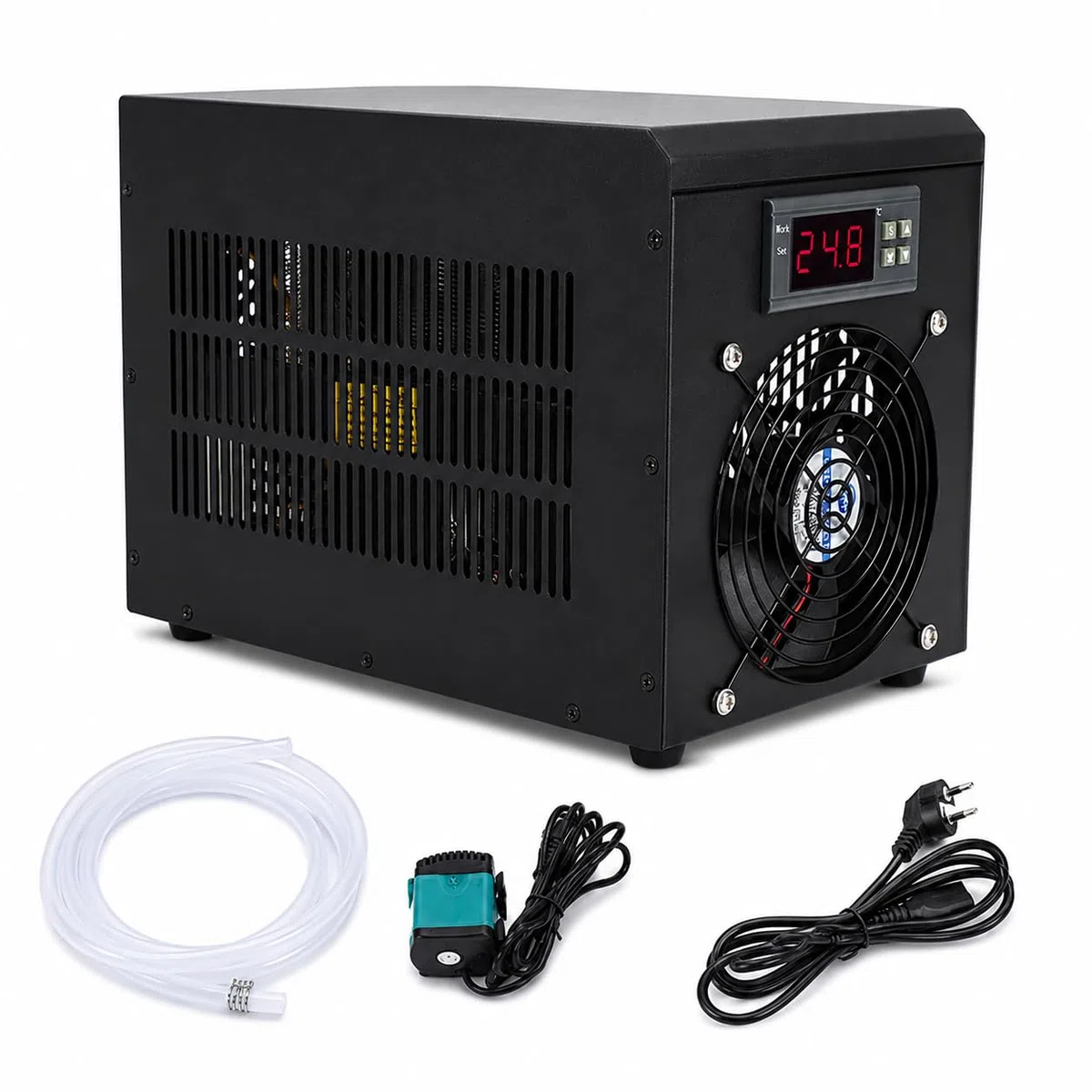 Aquarium-Kühler für Aquarien und Hydrokulturen, bis zu 60 l | LCD-Steuerung von 0-100°C, eingebauter Lüfter, ca. 20dB Betrieb und zwei 2m Rohre