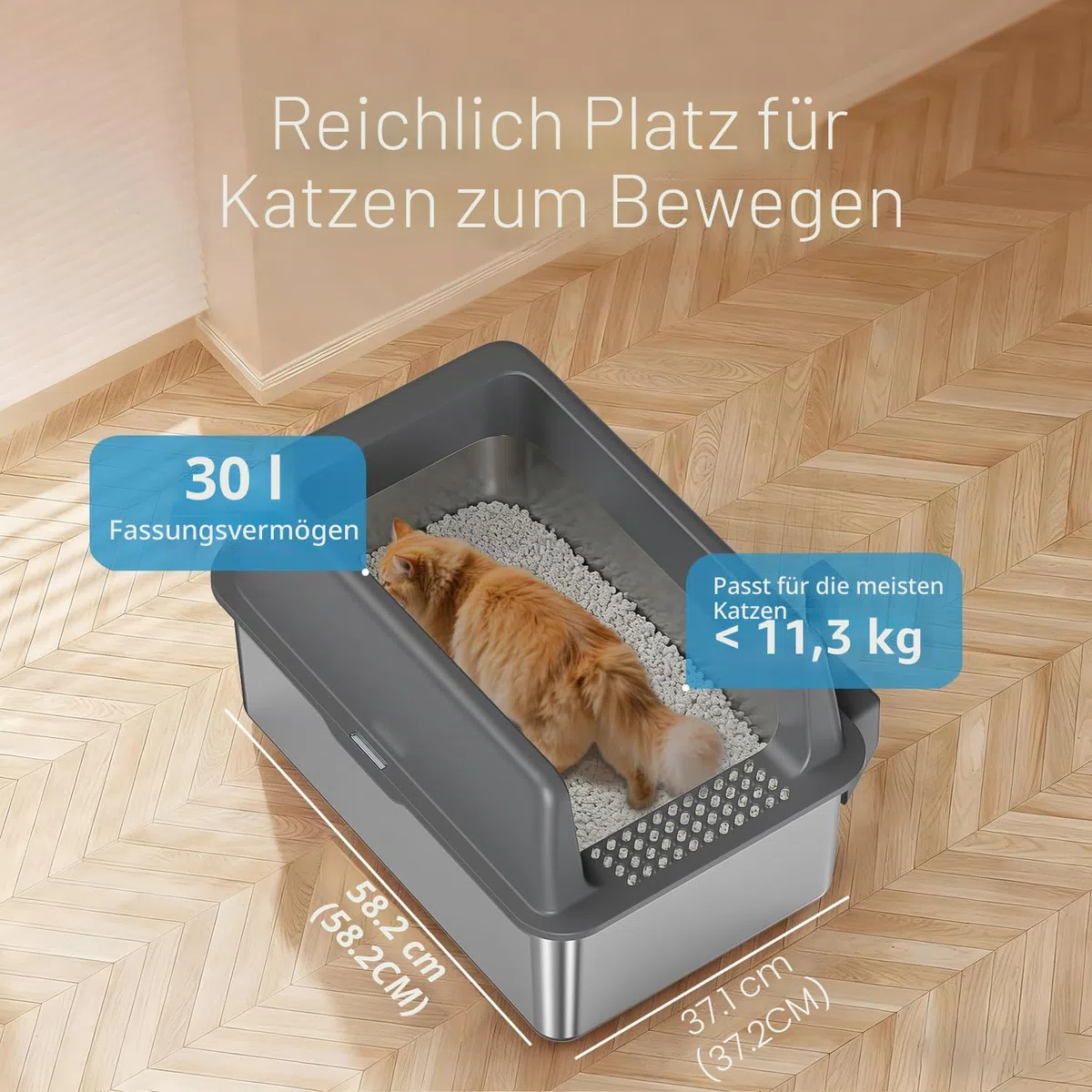 Zarler XL Edelstahl Katzenklo mit Deckel, 58x37x26cm - Hoher Rand Verhindert Streuen, Nicht Klebrig, Grau - Perfekt für Große Katzen