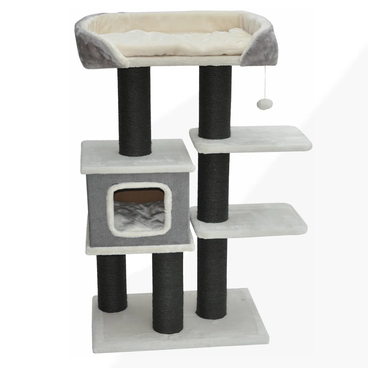 nanook Kratzbaum Katzenkratzbaum für Katzen - Katzenhöhle - Schwarze Sisalstämme - kuschlieger XL Schlafplatz - 119 x 77 x 42 cm - grau beige