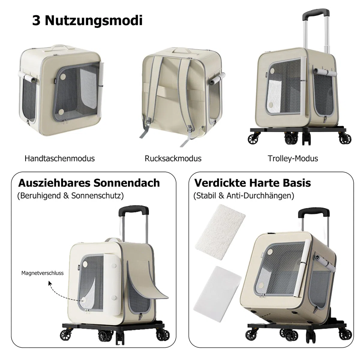PETCUTE 3 in 1 Hunderucksack Katzenrucksack mit Trolley,Haustiertragetasche für Große Katzen und kleine Hunde,Faltbare Atmungsaktive Haustier Rucksack mit Innerer Sicherheitsleine und Haustiermatte