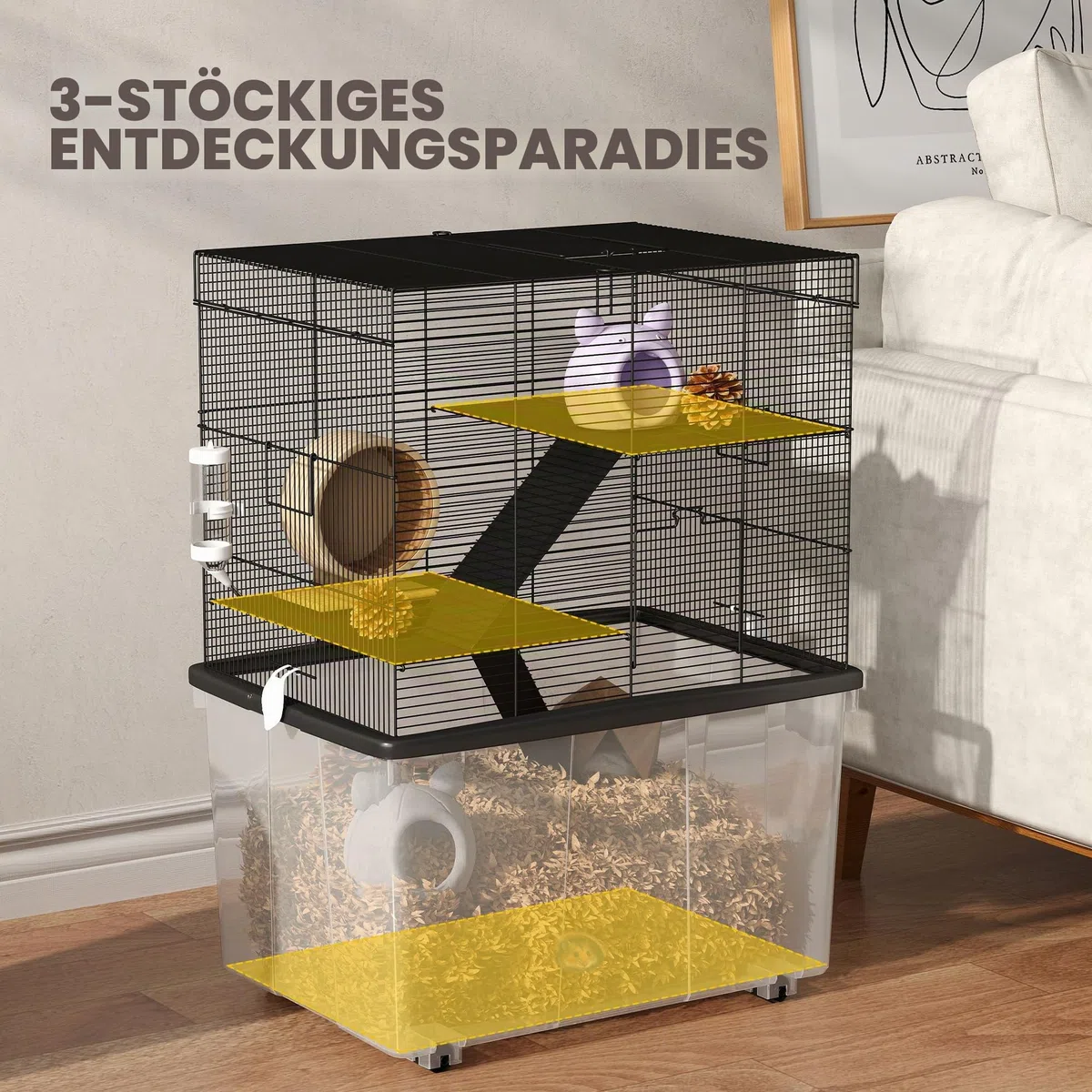 PawHut 3-stöckiger Hamsterkäfig mit 31 cm tiefem Boden und Rädern, Gerbilhaus mit Rampen, Napf, Flasche, 58x43x74 cm, Schwarz | Tiefe Basis 31 cm, Rennmaushaus mit Rampen, Schüssel, Flasche