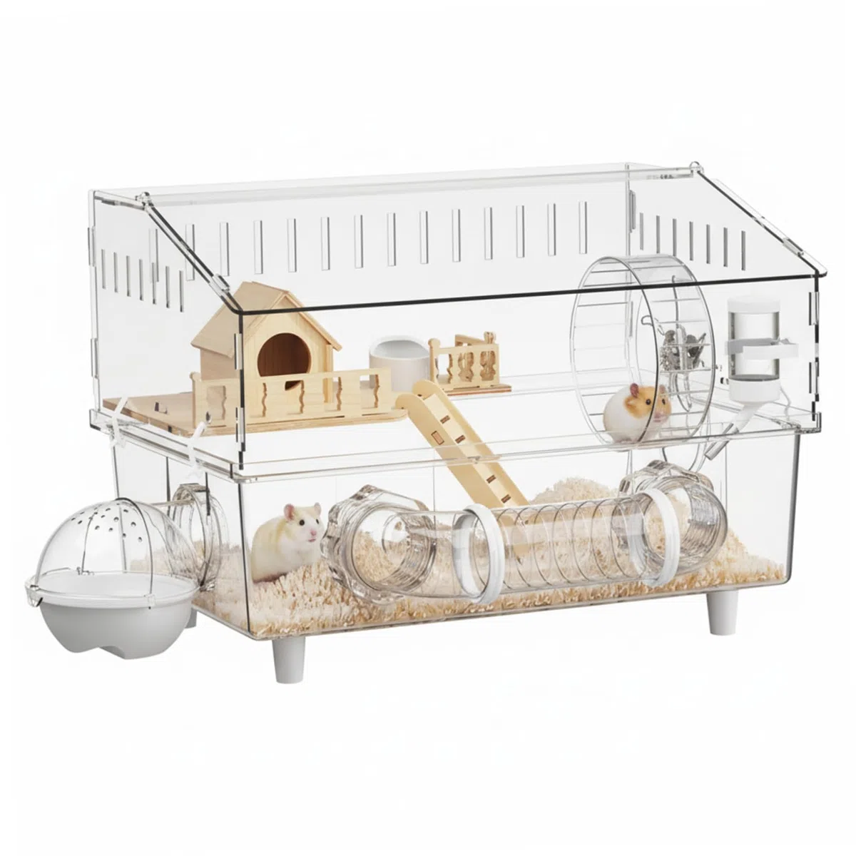 Hamsterkäfig groß, großer Hamsterkäfig – geräumig mit durchsichtigen Paneelen und Holzversteck für einfache Reinigung (9-teiliges Set)