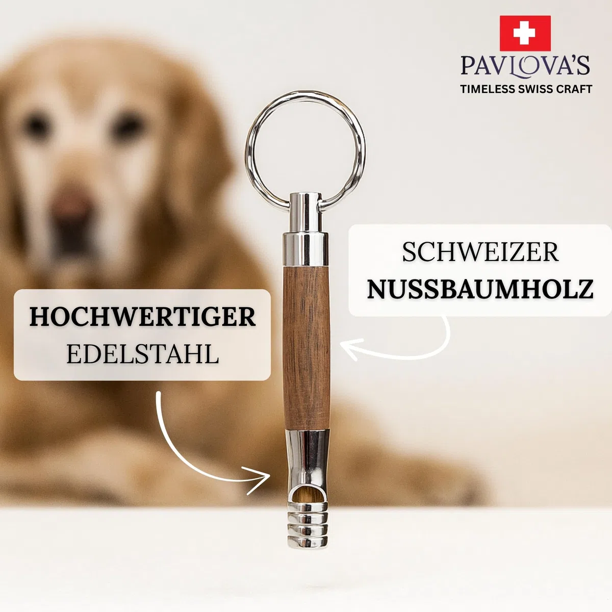 Pavlova’S Schweizer Hundepfeife mit Umhängeband – Handgefertigt aus Walnussholz & Edelstahl – Klare Trainingspfeife für den Außenbereich – Geschenkbox – 10 Jahre Garantie – Limitierte Edition