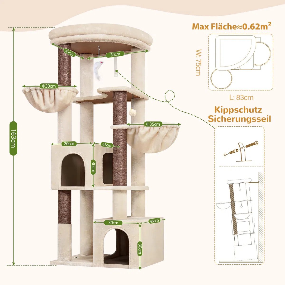 Globlazer Kratzbaum Beige Stabil für Große Katzen 163 cm Eckkratzbaum C64 | Stabil Katzenbaum mit Extragroß Gepolsterte Plattform 2 Große Katzenhäuse 2 Katzenkorb für Erwachsene Katzen, Maine Coon
