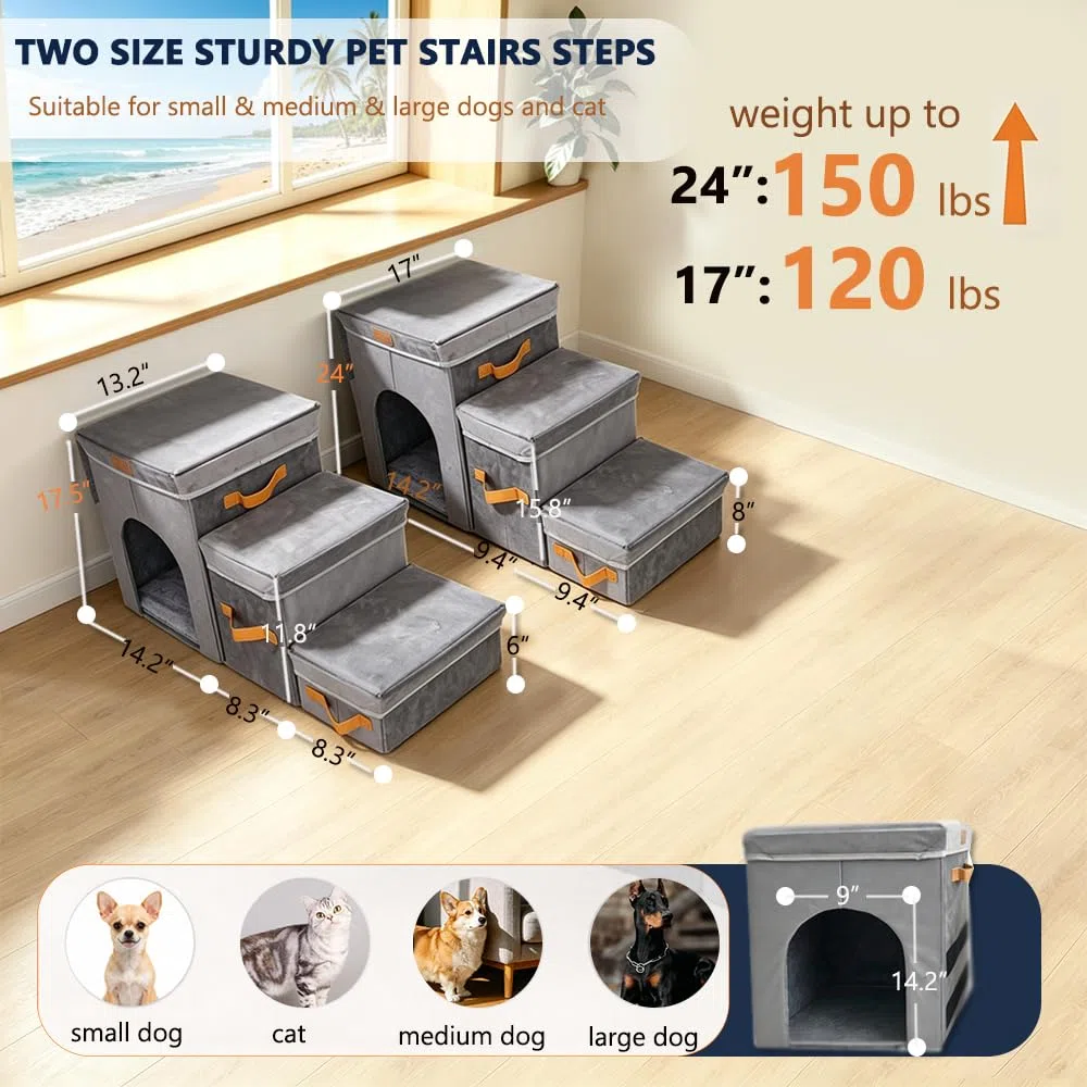 43,2 cm H Hundetreppe für hohe Betten bis zu 63,5 cm Höhe – Haustierstufen für kleine, mittelgroße oder große Hunde, faltbare Katzentreppe mit Stauraum und Höhle, 3-stufige Haustiertreppe für