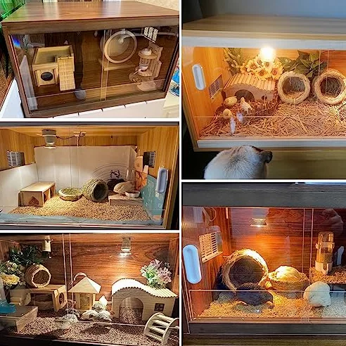 Hamsterkäfig aus Holz, mehrstöckig, Kleintier-Lebensraum für Kaninchen, Meerschweinchen, Chinchillas, Dachfenster, einfache Montage, stabiles Design mit Heizlampe & Zubehör, 60 x 40 x 40 cm