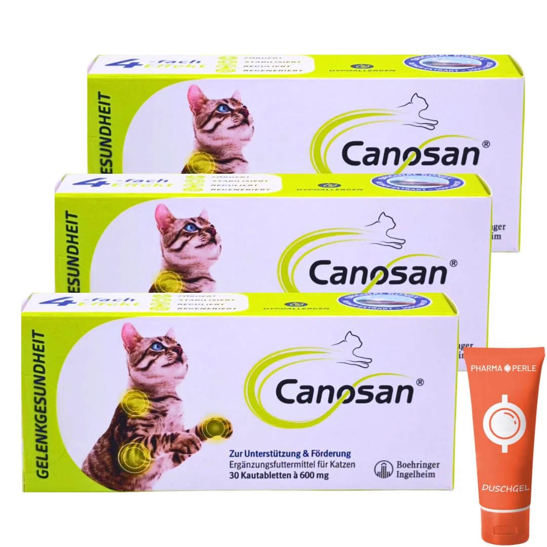 Canosan 3x 30 Kautabletten I Ergänzungsfuttermittel für Katzen I mit Gonex Grünlippmuschel-Extrakt I zur Unterstützung von Gelenken, Knorpeln, Sehnen und Bändern I Spar-Set plus Pharma Perle give-away