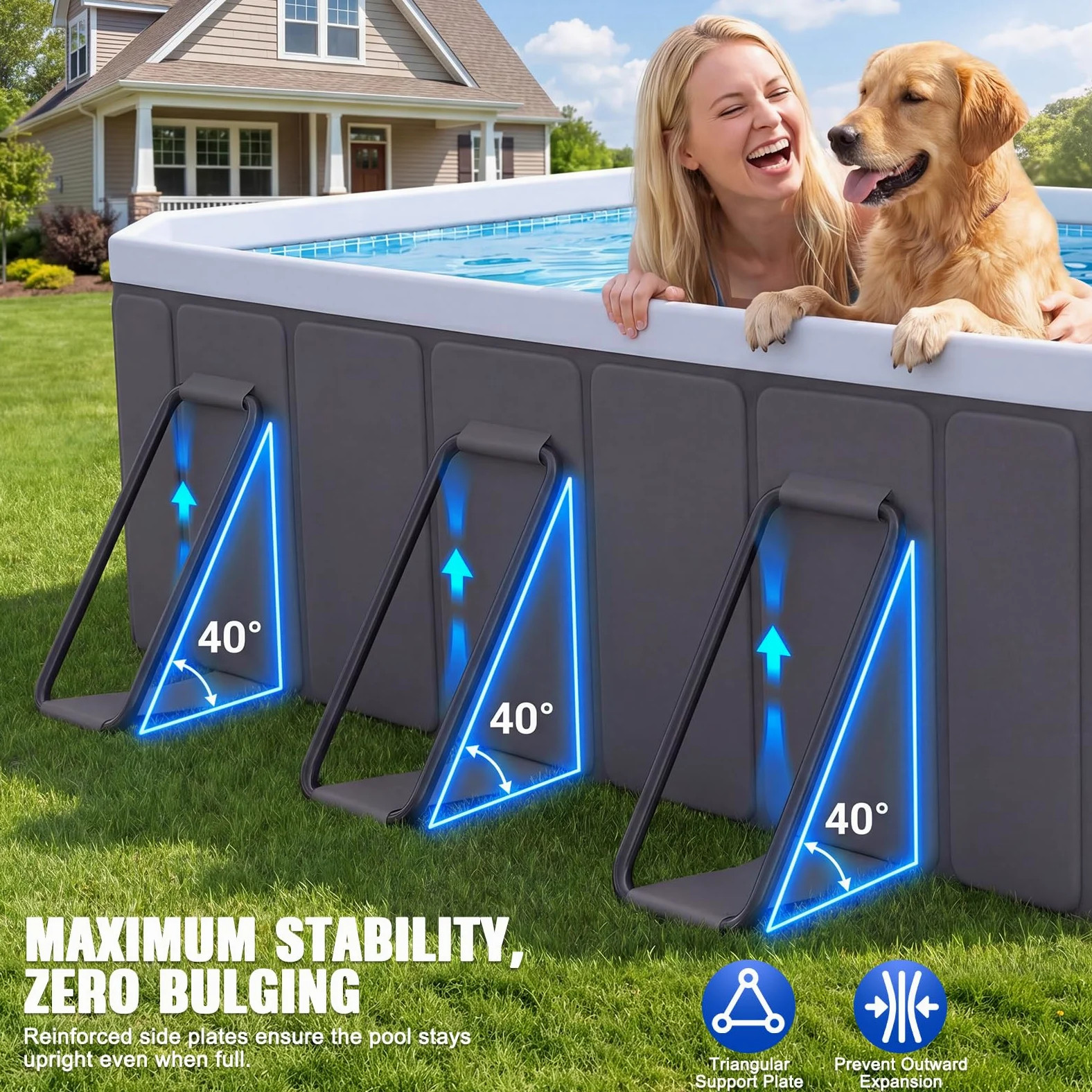 Extragrosser Hundepool für Grosse Hunde, Gesamtmass inkl. Stützrahmen 290 x 179 x 50 cm, faltbar, rechteckig, hartwandig, Nicht aufblasbar, mit Ablauföffnung, Grau
