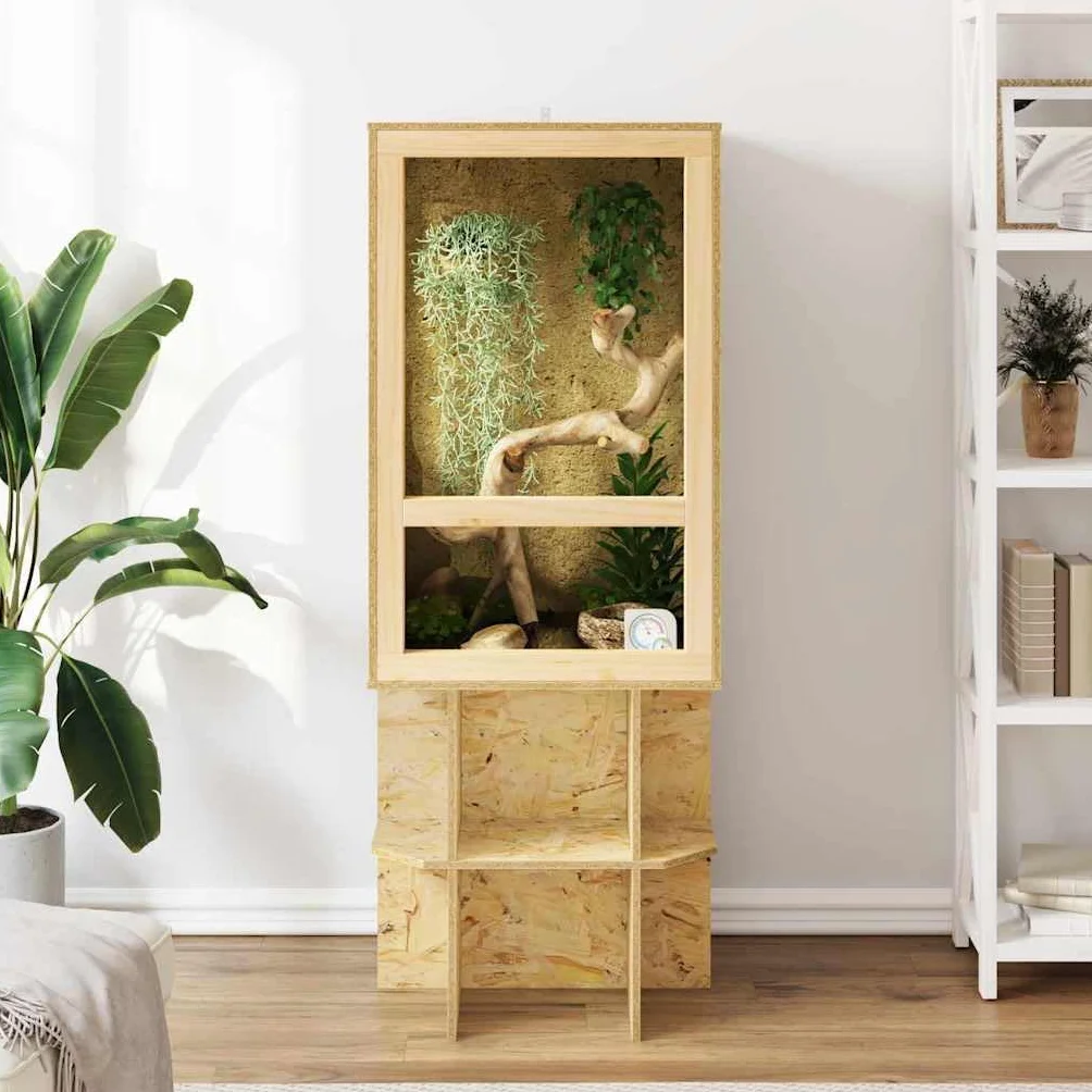 OSB Terrarium Braun 50 x 50 x 80 cm quadratisches Reptilien Terrarium mit Glasfront und Thermometer für Amphibien und Nagetiere