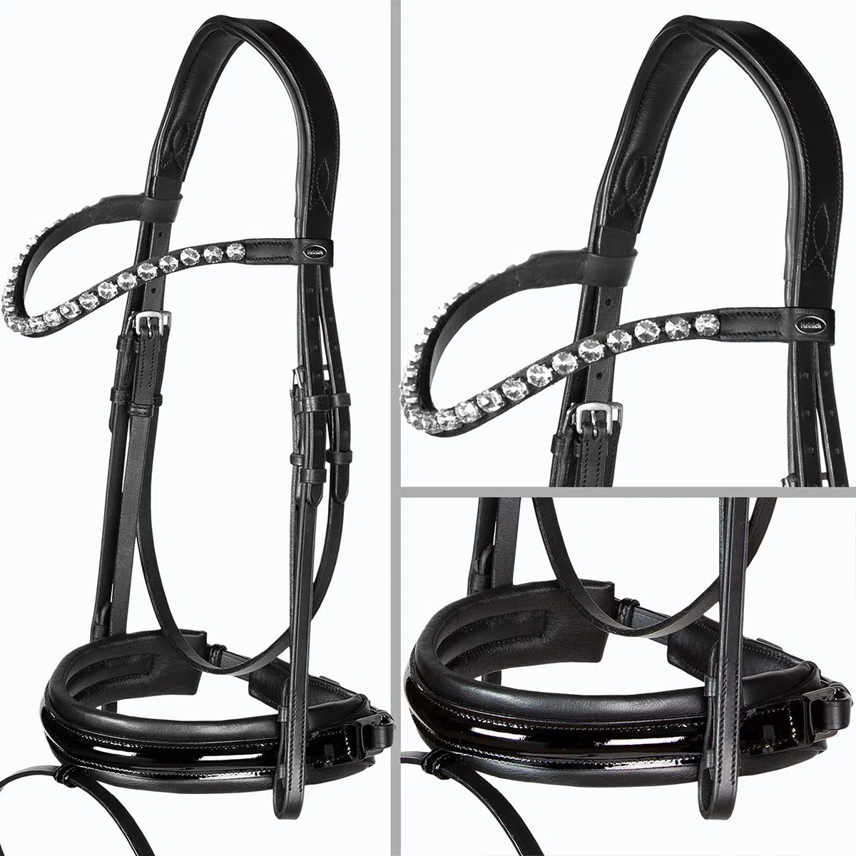 Heinick Trense Motion breites RH Schwarz Lack Glow Schnallen oder Zaumhaken Warmblut 9 Stirnriemen