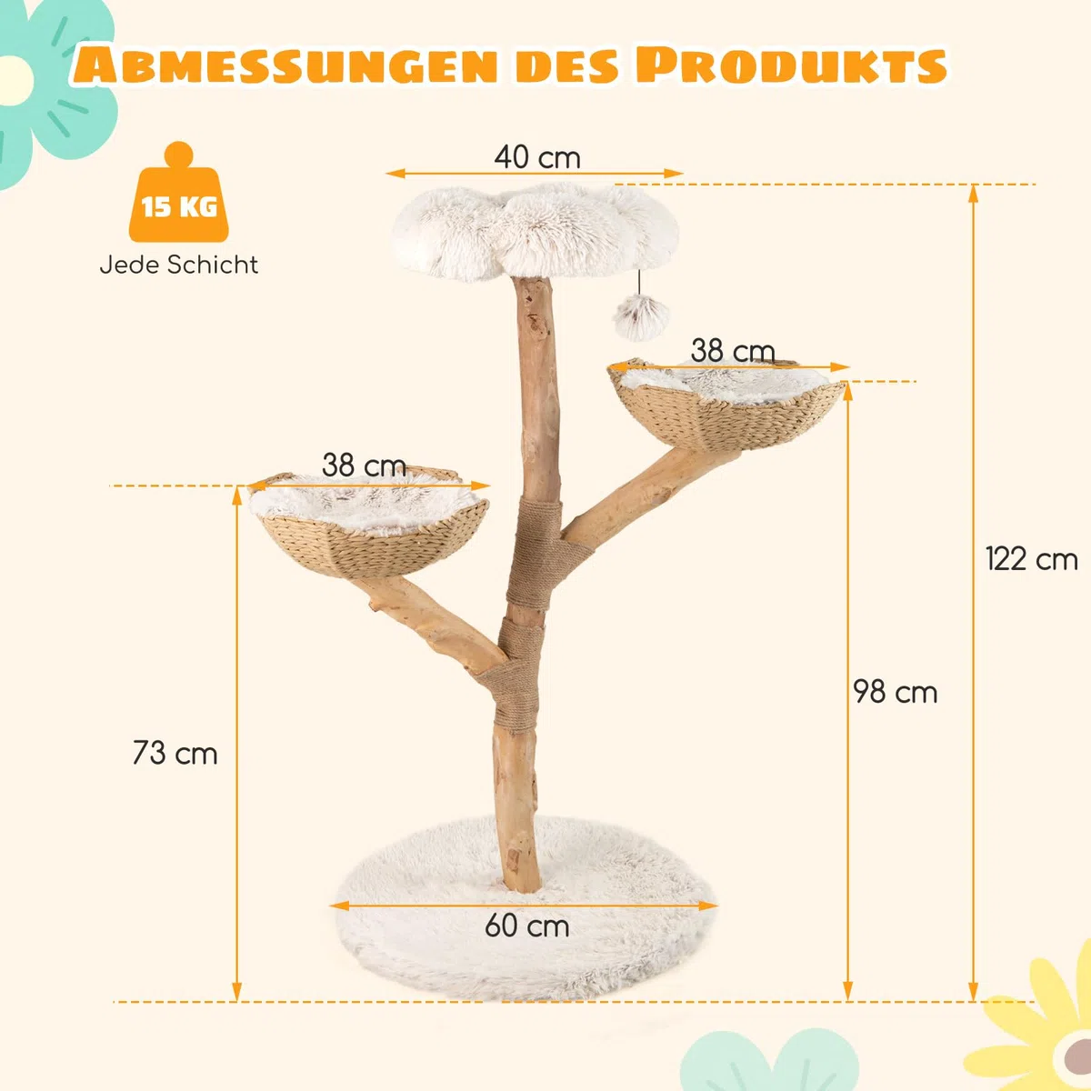 GOPLUS Kratzbaum Holz, Katzenbaum 122 cm mit 2 Rattan-Körbchen, Kratzstamm aus natürlichem Jute, blütenförmige Sitzplattform, Plüschball & erweiterter Basis, Kletterbaum für Katzen, Indoor Katzenmöbel