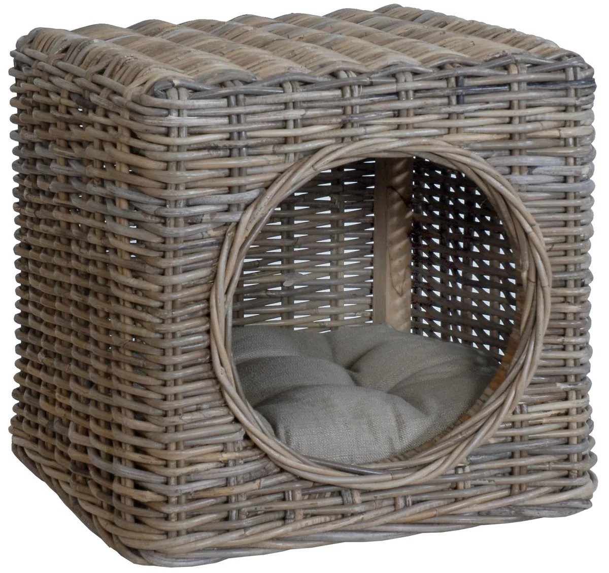 Katzenhöhle aus unbehandeltem Rattan inklusive Polster/Tierkorb auch als Sitzhocker nutzbar (Grau)