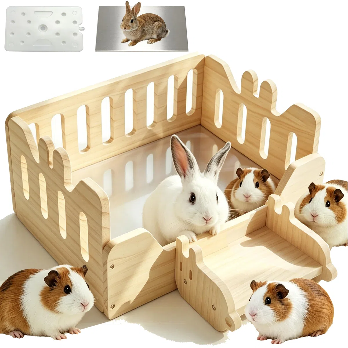 Kaninchenversteck aus Holz mit kühlendem Aluminium-Pad und Eisbox-System, Vier-Jahreszeiten-Hasenbett und Meerschweinchen-Versteck, Massivholzhaus für Chinchilla, Igel usw. (Holzfarbe)