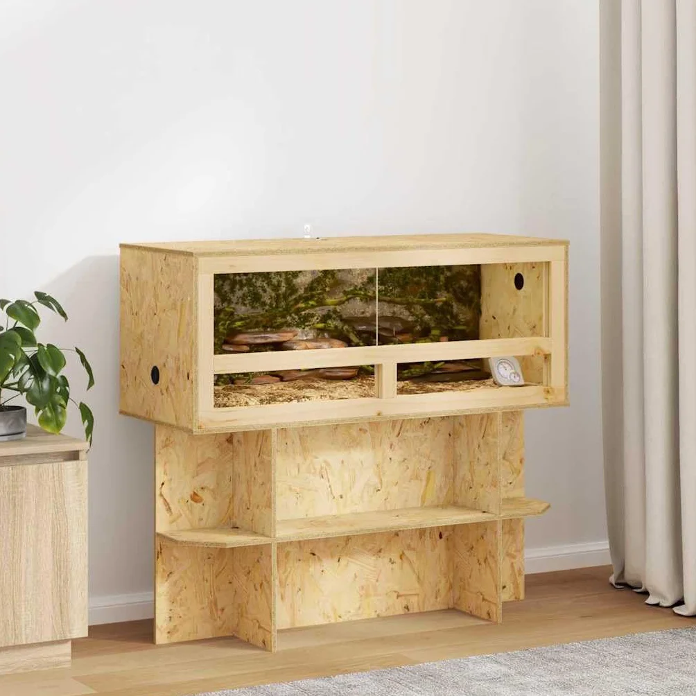 Terrarium Braun OSB 100 x 40 x 40 cm mit Thermometer, Reptilienhaus und Vivarium Gehege für Amphibien und Schlangen, Glaskasten mit Belüftung, Rückwand und Schiebetür