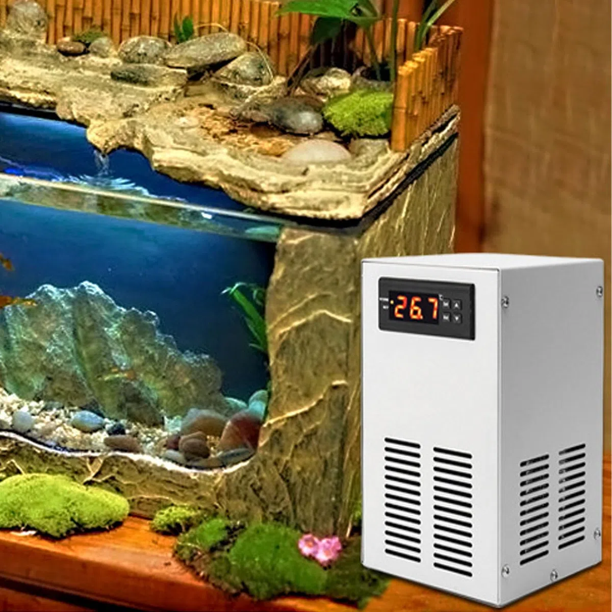 Buachois Aquarium Kühler Kühlsystem, Wasserkühler Kühlsystem Kühlgerät 220V | 70-72W Ultra Leiser Betrieb Einstellbare Konstante Temperatur Kühlsystem Wasser Kühlung 200L/H Flussrate für Fischbecken