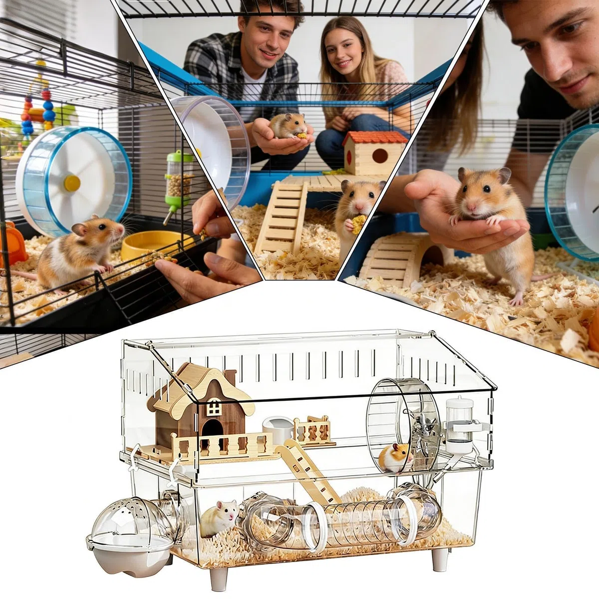 Großer Hamsterkäfig 2-stöckiger durchsichtiger Auslauf | Geräumiger Hamsterkäfig mit Trinkflasche und Toilette für Kleintiere wie Meerschweinchen, Beobachtung zu Hause oder