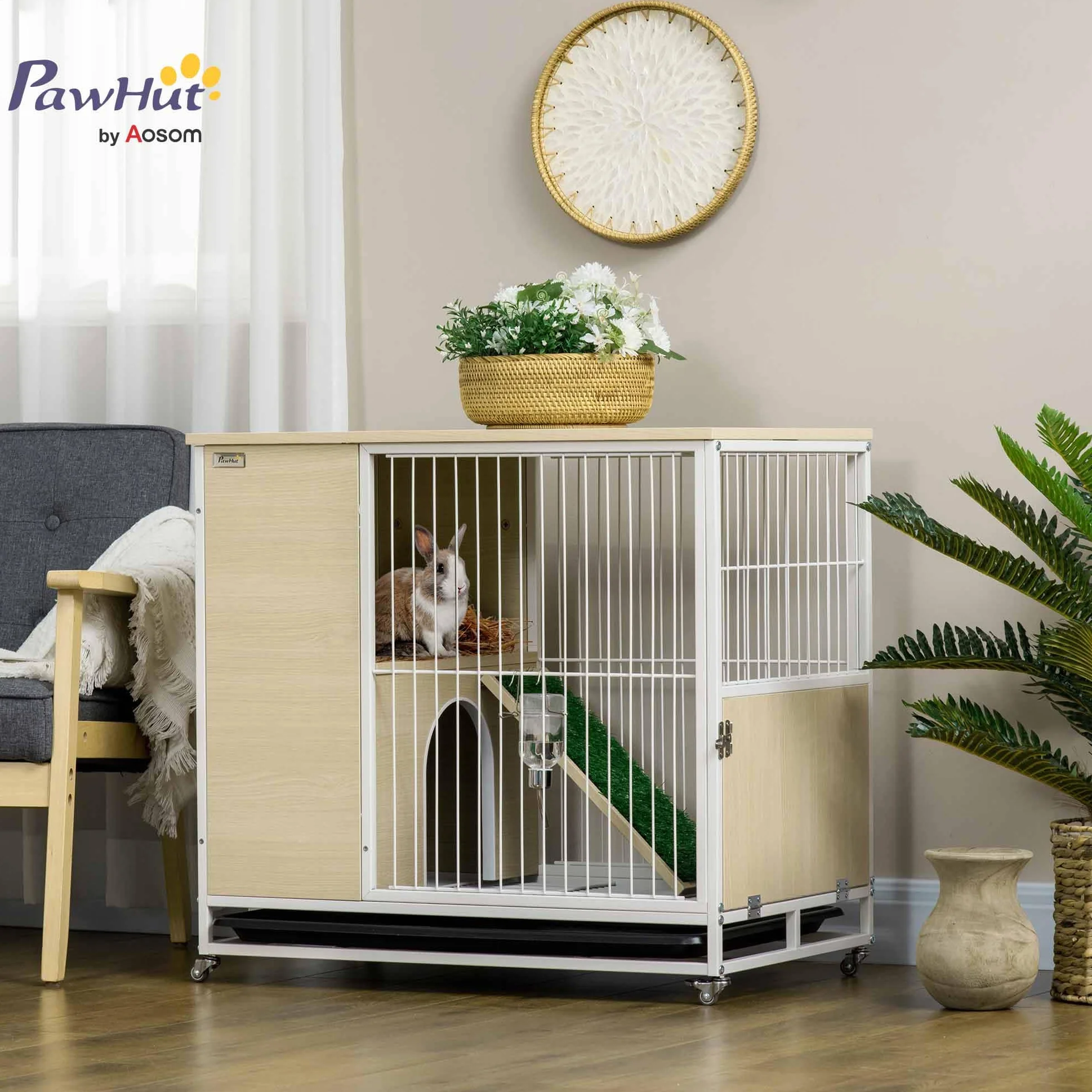 PawHut Kaninchenkäfig auf Rollen, Schiebedach, Plattformen mit abnehmbarem Tablett – 78 x 52,5 x 76,5 cm, Natur