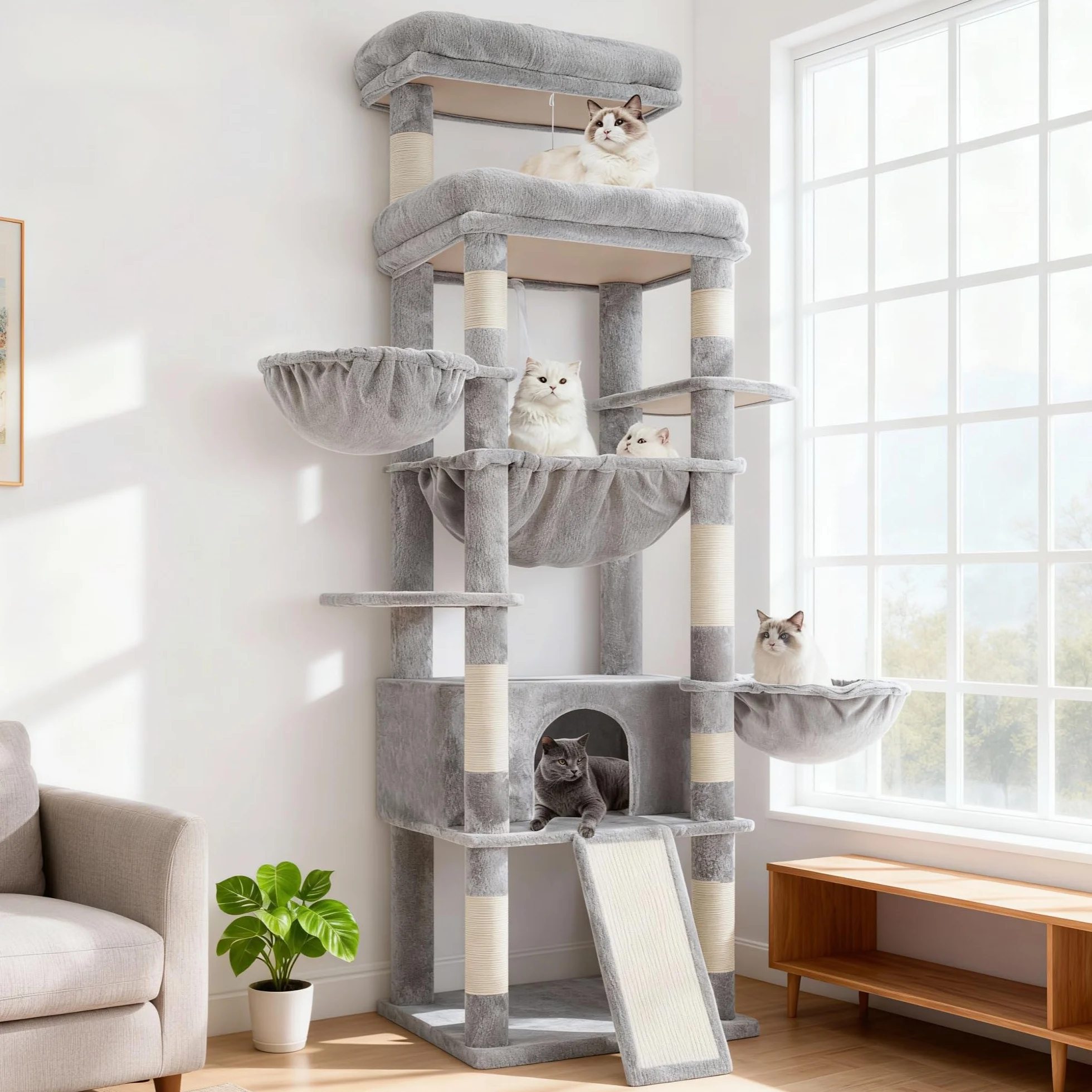 Hey-brother 182 cm Stabil Kratzbaum, für ausgewachsene großeKatze, MPJ080W | mehrstöckiger Katzenbaum mit 2 Grosse liegefläche, 3 Hängematten, Höhle, 2-in-1-Sisalkratzbrett, Plüschbällen, Hellgrau