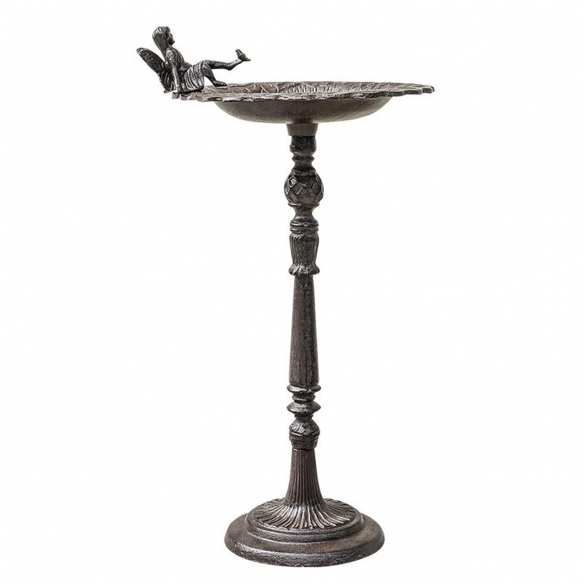 Vogelbad mit Elfenfigur gusseisern Vogelbad mit Standfuß freistehend Vogelfuttersschale aus Gussmetall für Garten, Terrasse, Balkon