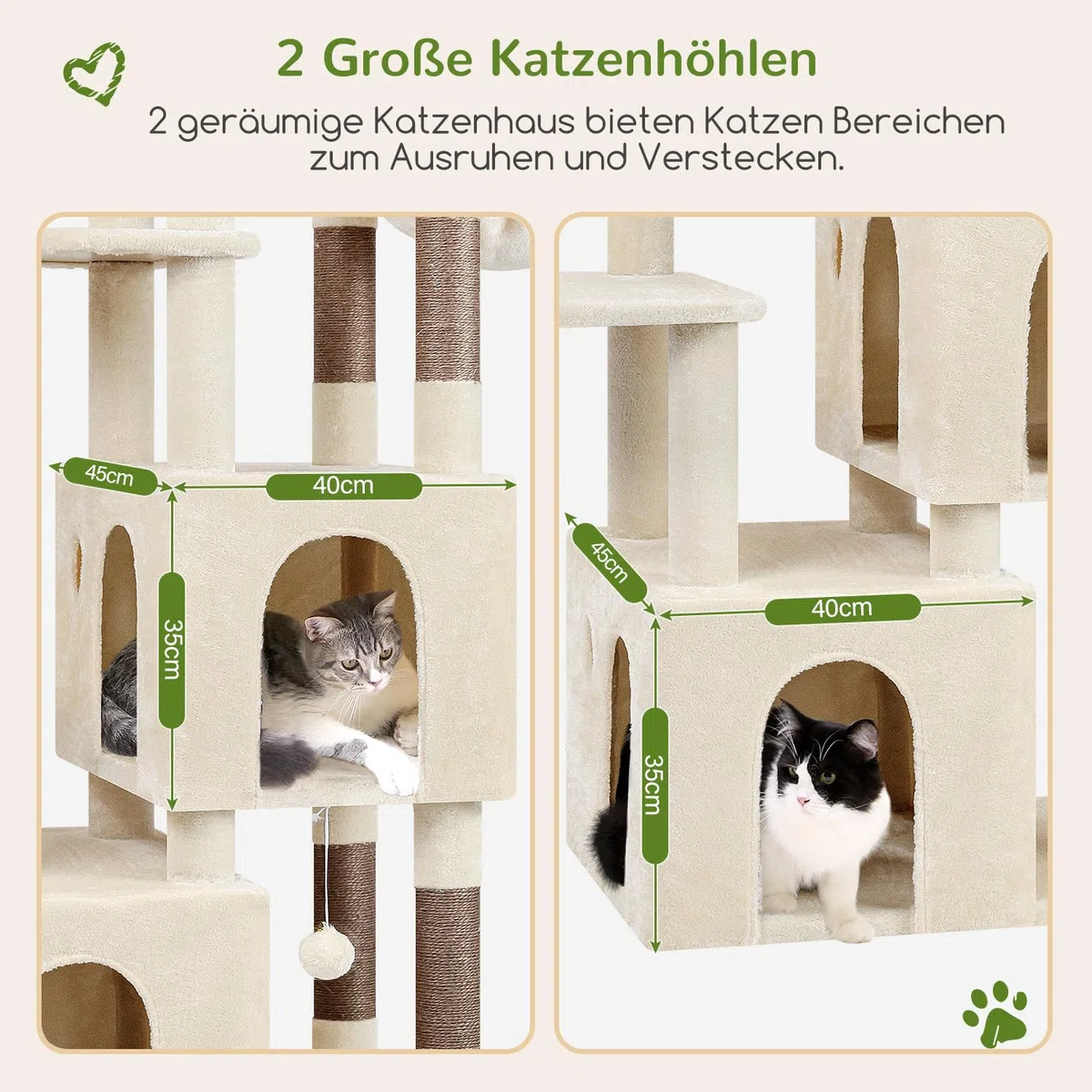 Globlazer Kratzbaum XXL Stabil für 2/3/4 Große Katzen Maine Coon 156 cm F61 | Katzenbaum mit 2 Extragroß Katzenhaus, Sisal Kratzsäulen, Einfach zu montieren, Robust Sicher, fur Kätzchen Schwere Katze