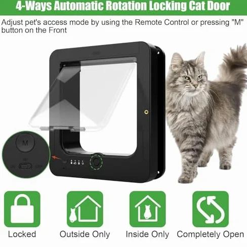 Automatische Katzenklappe Mikrochip Tür mit RFID-Sensor, 4-Wege-Verriegelung, Fernbedienung, wetterfeste Dichtung für Katzen und kleine Hunde, 29,8 x 25,4 cm