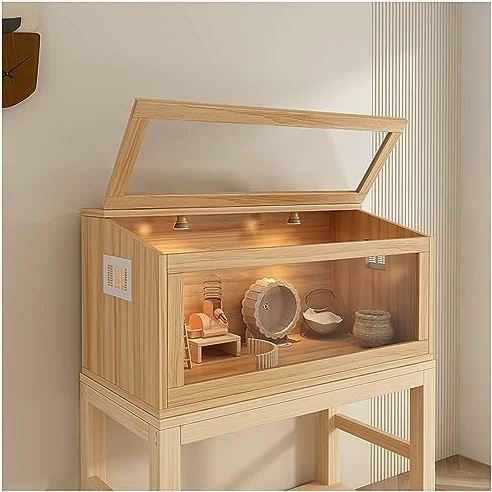 Hamsterkäfig aus Holz, mehrstöckig, Kleintier-Lebensraum für Kaninchen, Meerschweinchen, Chinchillas, Dachfenster, einfache Montage, stabiles Design mit Heizlampe & Zubehör, 60 x 40 x 40 cm