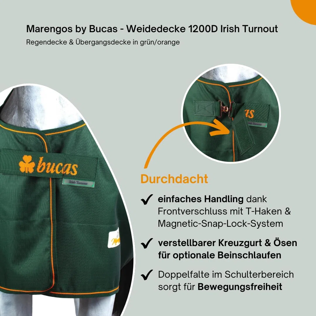 Marengos by Bucas - Weidedecke 1200D Irish Turnout | als Regendecke & Übergangsdecke | wasserdichte Outdoordecke mit Innenfutter & Kreuzbegurtung | Grün/Orange in Größe 165cm (ohne Füllung)
