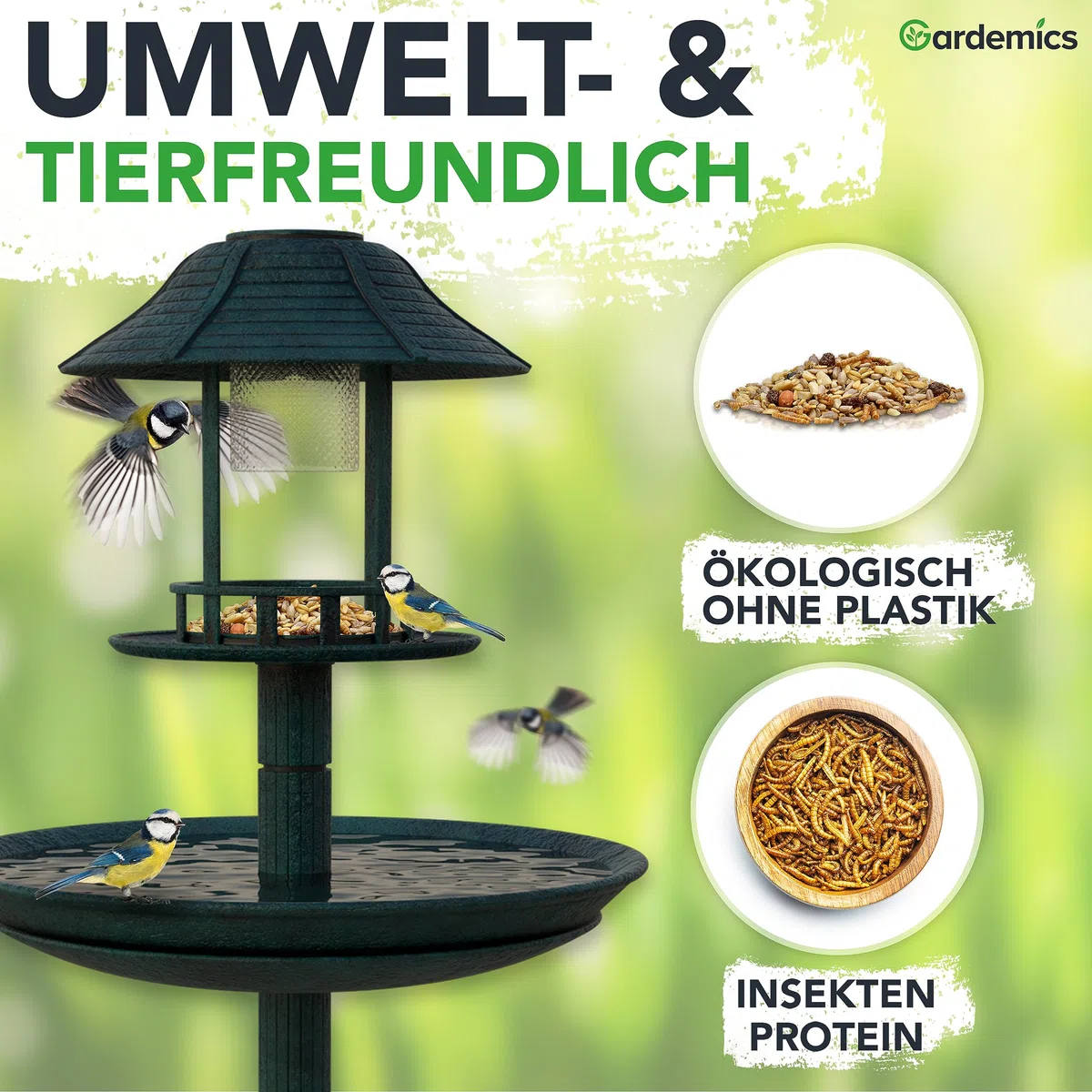 Gardemics Vogelfutter Wildvögel ganzjährig 10 Kg - Mit Mehlwürmern - Premium Protein Wildvogelfutter Ganzjahresfutter für Artenvielfalt im Garten