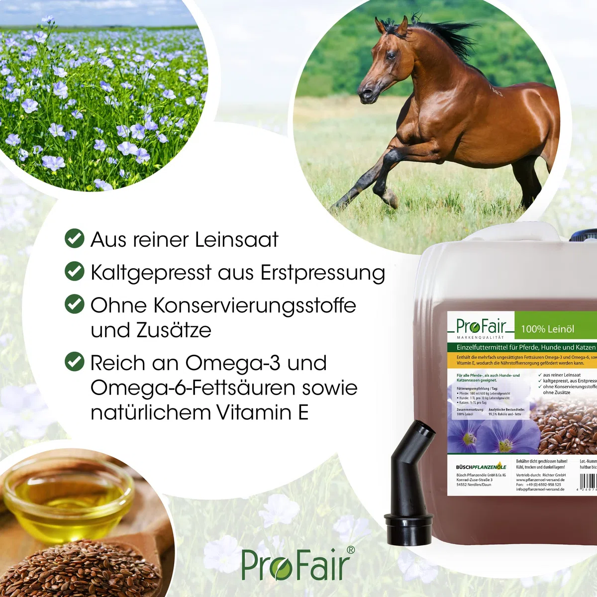 Leinöl 30 Liter (6 x 5L) kaltgepresst für Pferd, Hund, Katze | 100% aus reiner Leinsaat, ohne Zusätze, Einzelfuttermittel