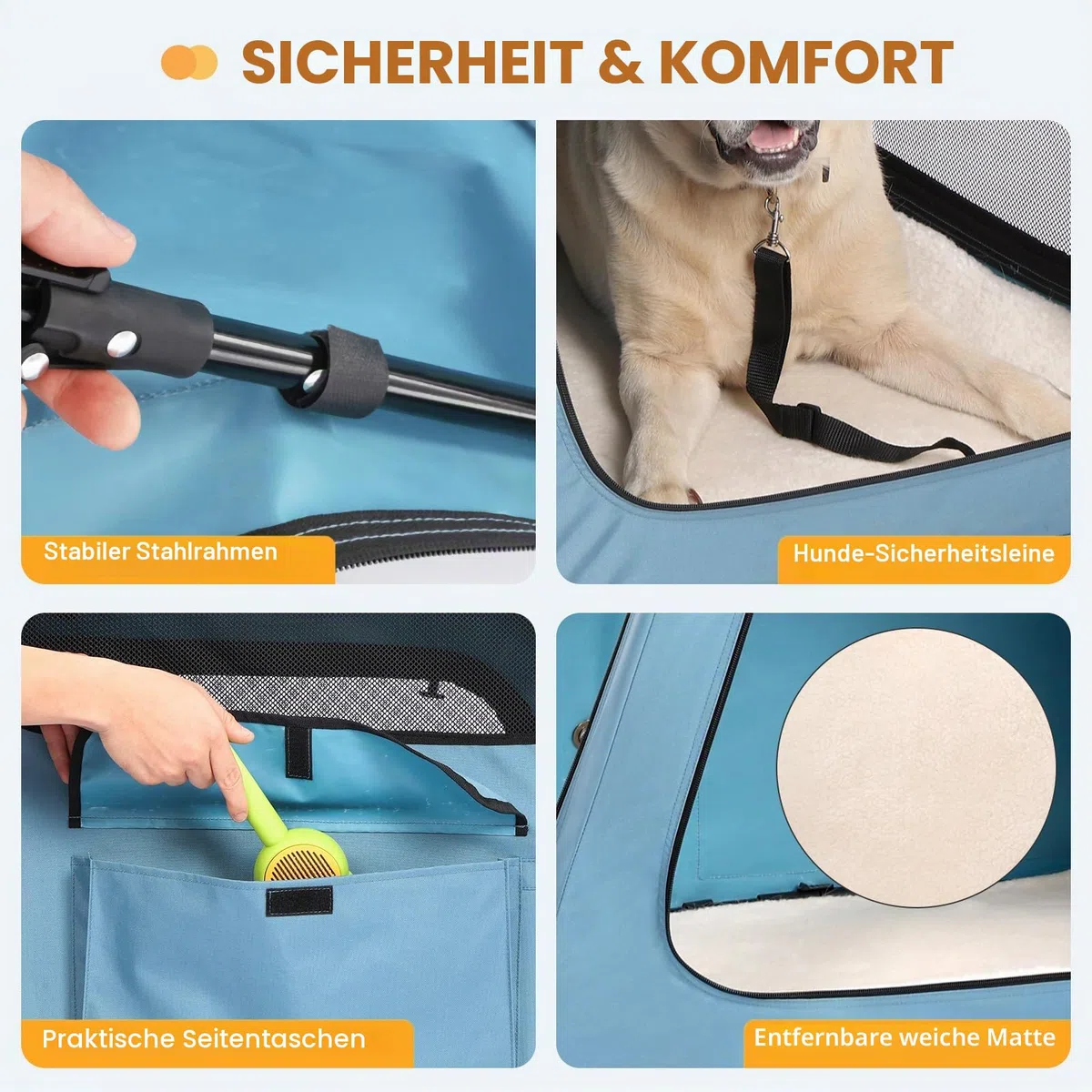 Snagle Paw Tragbare Hundebox für Autoreisen, zusammenklappbare große Hundebox mit Metallrahmen und 3-türigen Netzfenstern, sichert im Kofferraum/Rücksitz, weichseitige Transportbox für mittelgroße und