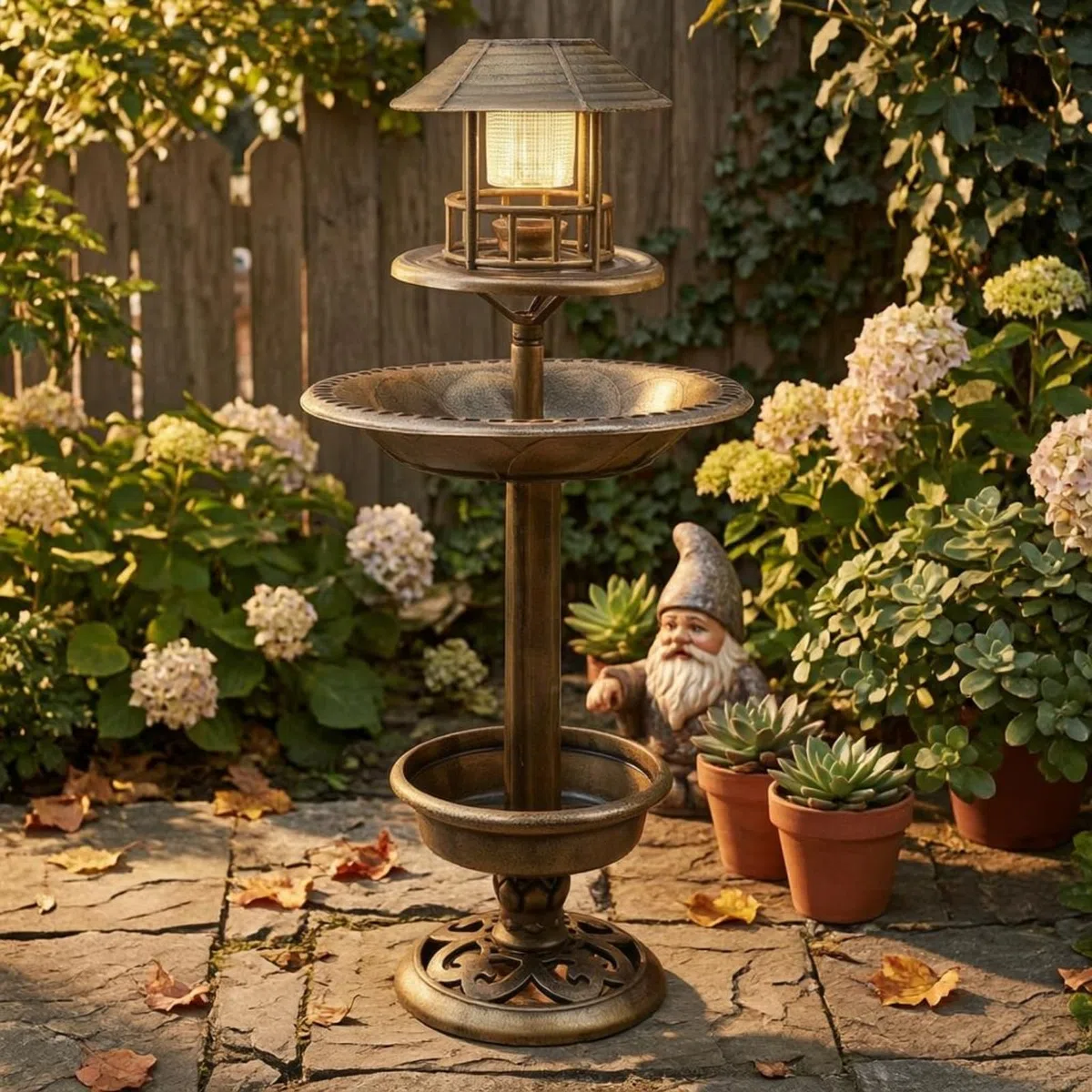 Vogeltränke Freistehend Außen Vogelbad Vogeltränke Kombi mit Led-Beleuchtung Und Laternenaufsatz aus Pp-Material für Gärten Rasenflächen Wege, Bronze, Antikbronze
