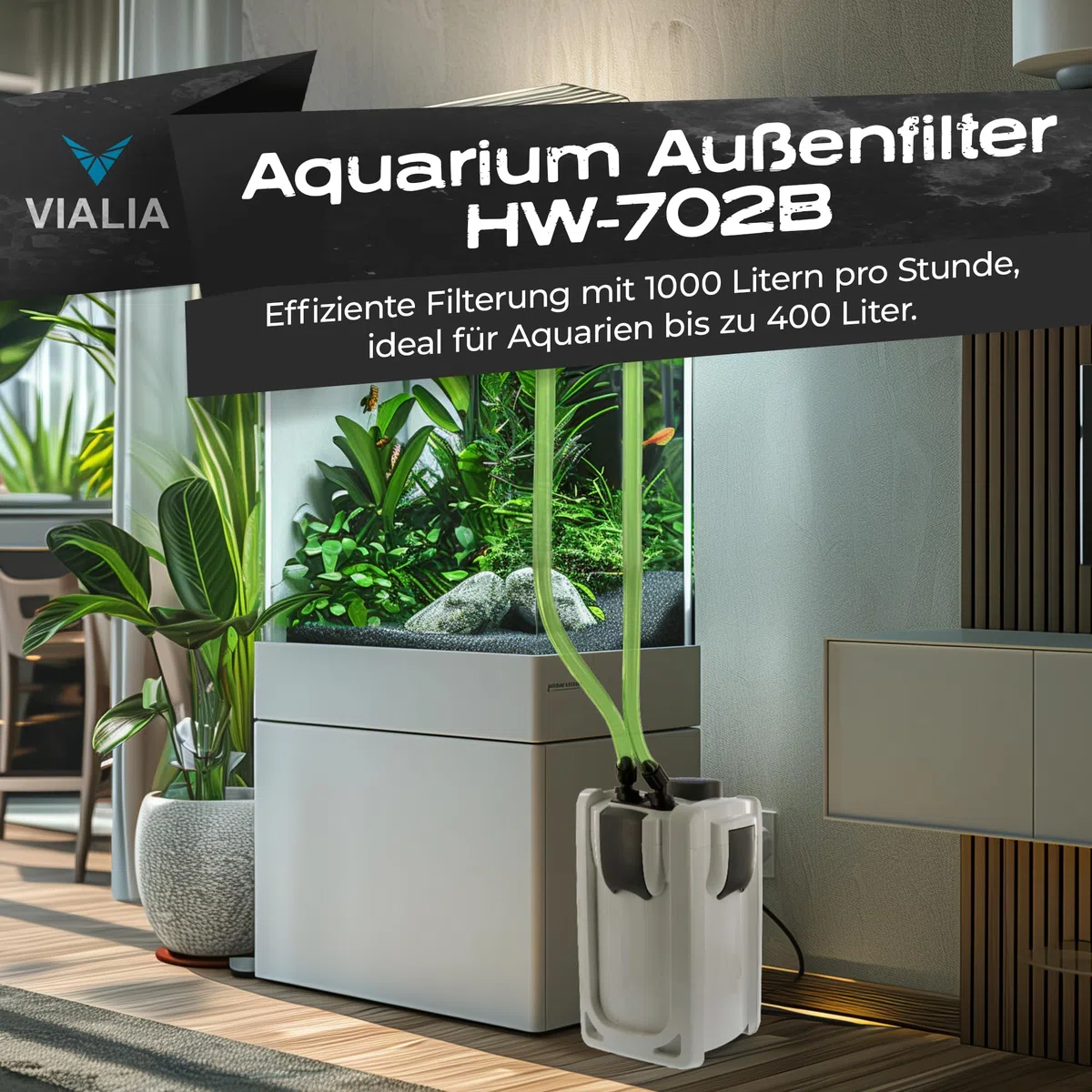 Aquarium Außenfilter mit 9W UVC Klärer für Aquarien bis 400L | 1000 L/h Pumpenleistung, Komplettset inkl. Filtermedien, Leise & energiesparend, Für Süß- und Meerwasser geeignet