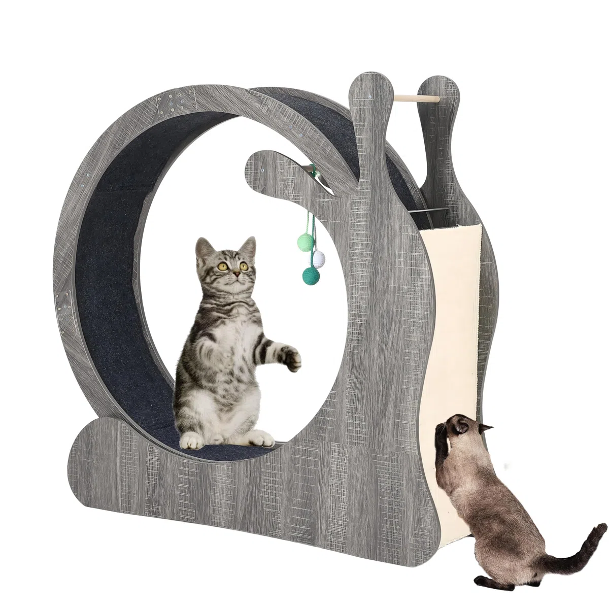 Großes Katzenlaufrad, Katzenrad für Indoor-Katzen, 85,1 cm Innendurchmesser, Holz, Haustier-Laufband mit Kratzbrett und Spielbällen, leiser Katzenradtrainer, Grau
