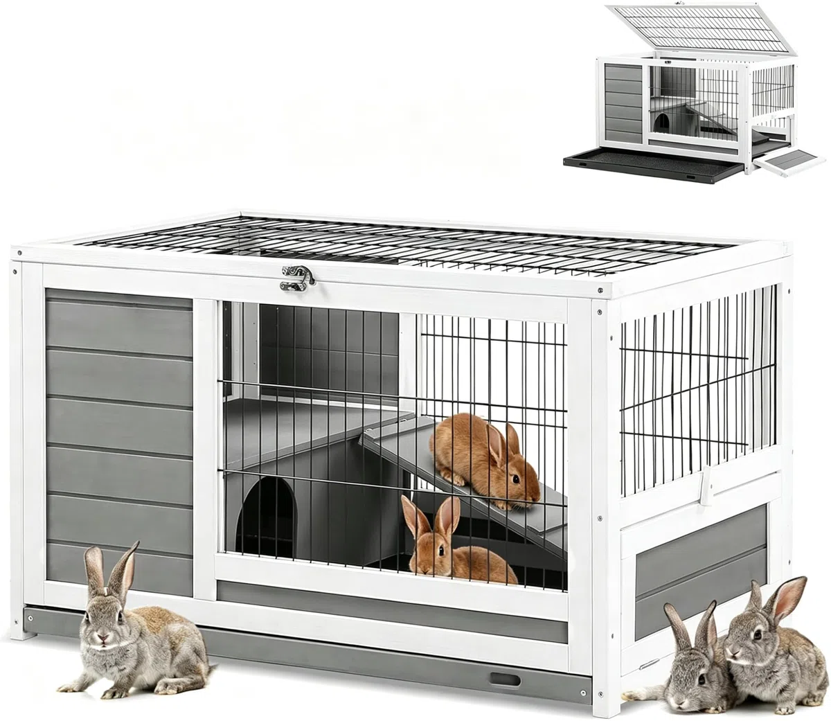 YODOLLA 90 cm Hasenstall Kaninchenstall Kleintierhaus mit Auslauf | Kaninchenkäfig für Kaninchen & Meerschweinchen, wetterfester Holzstall, Herausnehmbare Schalen zur leichten Reinigung