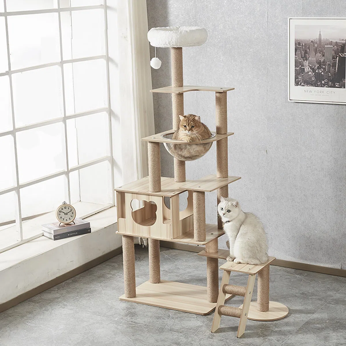 Kratzbaum für große Katzen 165cm-8-stöckiger Katzenbaum, Haus, transparente Raumkapsel, Plüsch-Sprungplattform, Spielzeugball, Krallenschleifende Sisalleiter（Holzfarbe）